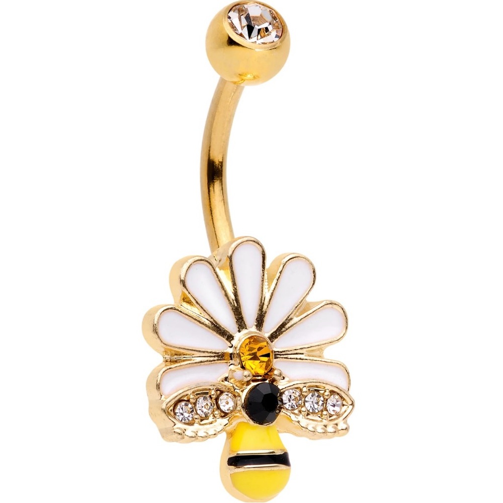 Gold bee and flower belly ring